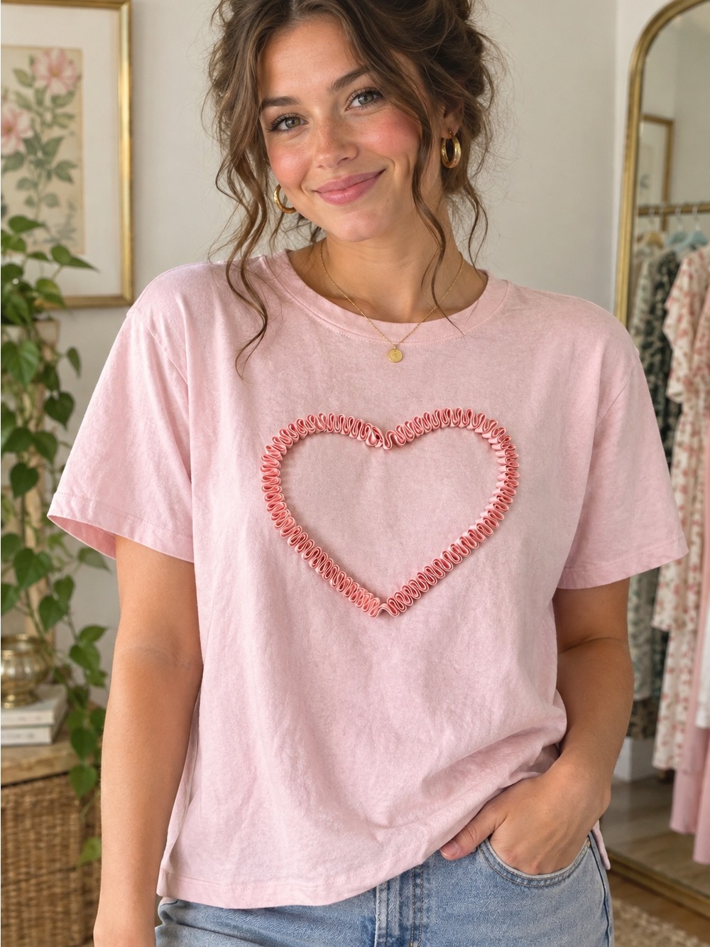 a new day Pink Short Sleeve Tee with Heart Appliqué